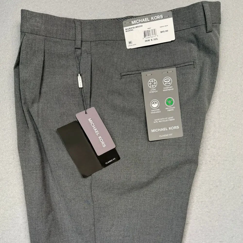 Michael Kors Men's Pleated Solid Classic Fit Pants Grey 36x32 $95